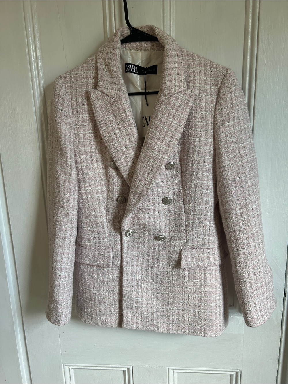 ZARA Light Pink Tweed Double-Breasted Blazer